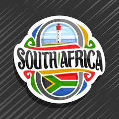 Vector logo for South Africa country, fridge magnet with south african state flag, original brush typeface for words south africa and national symbol - lighthouse at Umhlanga Rocks on sea background.