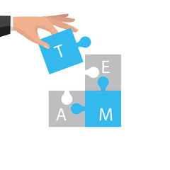 Four businessman connecting puzzle. Vector. Business teamwork concept.