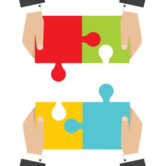 Four businessman connecting puzzle. Vector. Business teamwork concept.