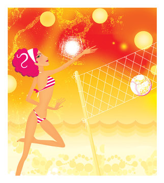 Zodiac sports lady. Leo. A girl in a swimsuit plays beach volleyball.