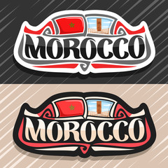 Vector logo for Morocco country, fridge magnet with moroccan state flag, original brush typeface for word morocco and national moroccan symbol - Hassan tower in Rabat on blue cloudy sky background.