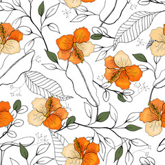 Fototapeta na wymiar Vintage background. Wallpaper. Hand drawn. Vector illustration. Botanical motifs. Isolated seamless flower pattern.