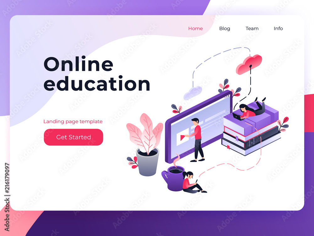 Poster online training, workshops and courses visualization flat 3d web isometric concept vector landing pa