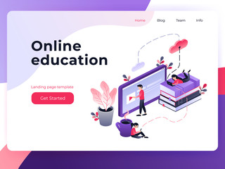 Online training, workshops and courses visualization flat 3d web isometric concept vector landing page template. Small people look at the screen and using cloud technology. Vector illustration