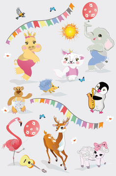 Vector set with cute funny animals in cartoon style. Giraffe, elephant, hippo, lamb, cat, flamingo etc with umbrellas. 