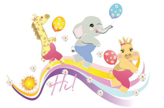  Vector  funny animals in cartoon style on the rainbow. Giraffe, elephant, hippo, with birthday balls.