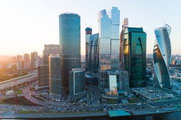 Aerial view of Moscow in summer, Russia. Modern skyscrapers.