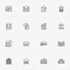 Buildings line icon set with building, bank and garage