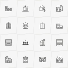 Buildings line icon set with building, castle and bank