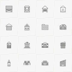 Buildings line icon set with house, bank and farm