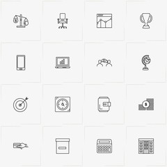 Business line icon set with office building , globe and credit card