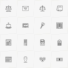 Business line icon set with papers, libra and location