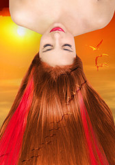 Beautiful long Hair. Beauty girl with straight broun hair with red strands of hair on white...