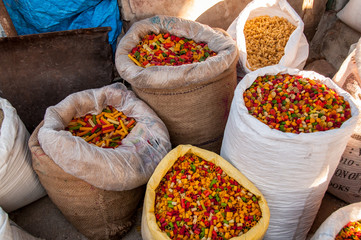 Bags of colored pasta at the market in Jodhpur