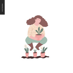 People summer gardening - flat vector concept illustration of a young brown-haired woman wearing yellow blouse, trousers and boots, holding a plant in the pot, self-sufficiency concept
