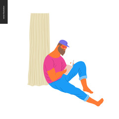 People park festival picnic - flat vector concept illustration of a big young bearded man wearing jeans, t-shirt and peaked cap sitting on the ground leaning against a tree trunk and reading a book