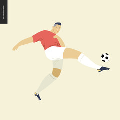 Obraz na płótnie Canvas European football, soccer player - flat vector illustration of a young man wearing european football player equipment kicking a soccer ball