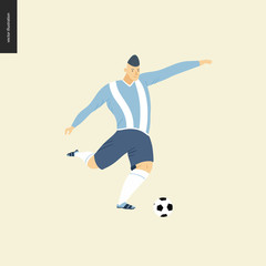 European football, soccer player - flat vector illustration of a young man wearing european football player equipment kicking a soccer ball