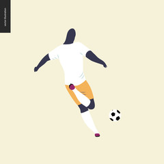 European football, soccer player - flat vector illustration of a young man wearing european football player equipment kicking a soccer ball
