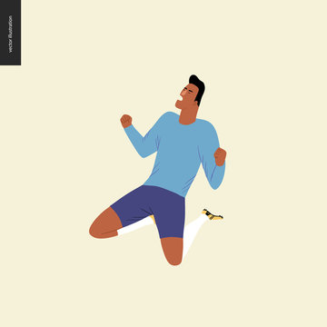 European football, soccer player - flat vector illustration - soccer player winning a victory - a young man wearing the European football equipment clenching his fists in victory, sitting on his knees
