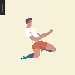 Fototapeta na wymiar Womens European football, soccer player - flat vector illustration - soccer player winning a victory -young woman wearing European football equipment clenching fists in victory, sitting on her knees