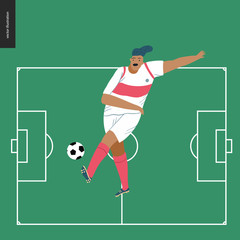 Fototapeta premium European football, soccer player - flat vector illustration of a young man wearing european football player equipment kicking a soccer ball on the background of green football field with white marking