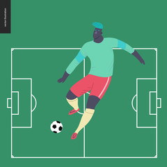 European football, soccer player - flat vector illustration of a young man wearing european football player equipment kicking a soccer ball on the background of green football field with white marking