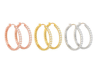 3D illustration isolated three pair of rose yellow and yellow gold decorative diamond earrings with hinged lock