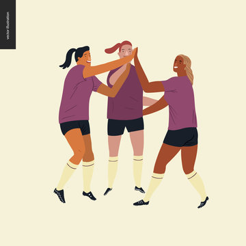 Womens European football, soccer players - flat vector illustration of three female team players wearing european football player equipment, giving five celebrating a victory