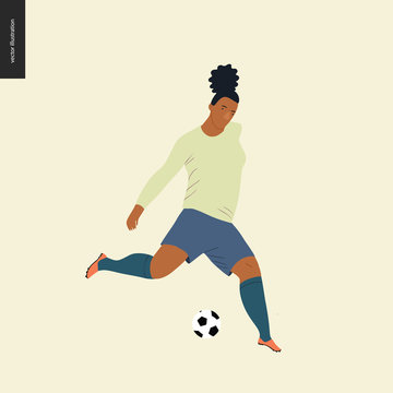 Womens European football, soccer player - flat vector illustration of a young woman wearing european football player equipment kicking a soccer ball