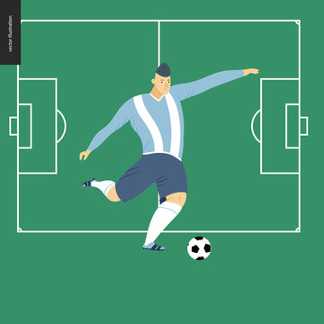 European football, soccer player - flat vector illustration of a young man wearing european football player equipment kicking a soccer ball on the background of green football field with white marking