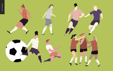 European football, soccer players set - flat vector illustration of a young women wearing european football player equipment kicking a soccer ball, running or standing on the green football field