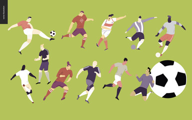 European football, soccer players set - flat vector illustration of a young men wearing european football player equipment kicking a soccer ball, running or standing on the green football field