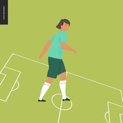 Womens European football, soccer player - flat vector illustration of a walking young woman wearing european football player equipment on the background of green football field with marking