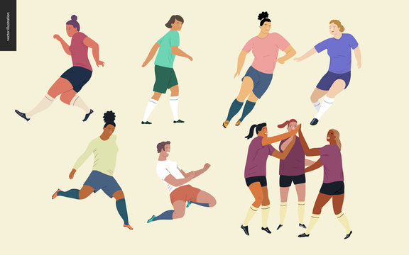 European football, soccer players set - flat vector illustration of a young women wearing european football player equipment kicking a soccer ball, running or standing on the green football field