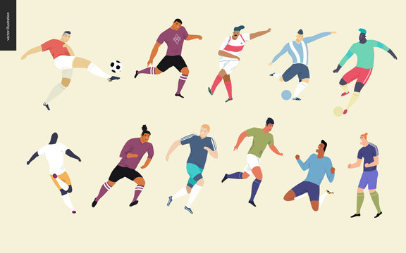European football, soccer players set - flat vector illustration of a young men wearing european football player equipment kicking a soccer ball, running or standing on the green football field
