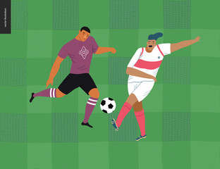 European football, soccer players - flat vector illustration of a young men wearing european football player equipment kicking a soccer ball on the background of green grass checked football field