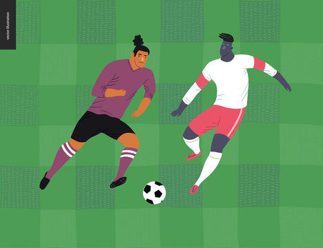 European football, soccer players - flat vector illustration of a young men wearing european football player equipment kicking a soccer ball on the background of green grass checked football field