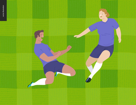 European football, soccer players -flat vector illustration - soccer players winning victory - young women wearing European football equipment clenching their fists in victory on grass checked field