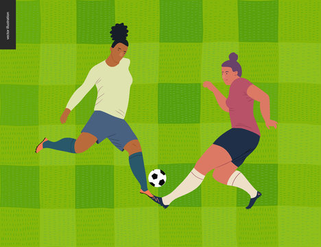 Womens European football, soccer player - flat vector illustration - two young weman wearing european football player equipment kicking soccer ball on background of green grass checked football field