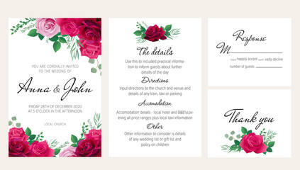 Elegant floral wedding invitation set with purple, dark red and pink roses. This wedding invitation template set includes four templates: invitation card, rsvp card, details and thank you card.