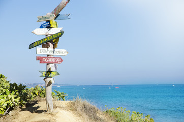 Signpost at Falesia beach in Portugal