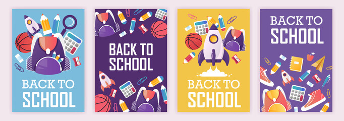 set of banners. back to school. vector cartoon illustration. school supplies
