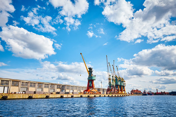 Harbor infrastructure seen from water.