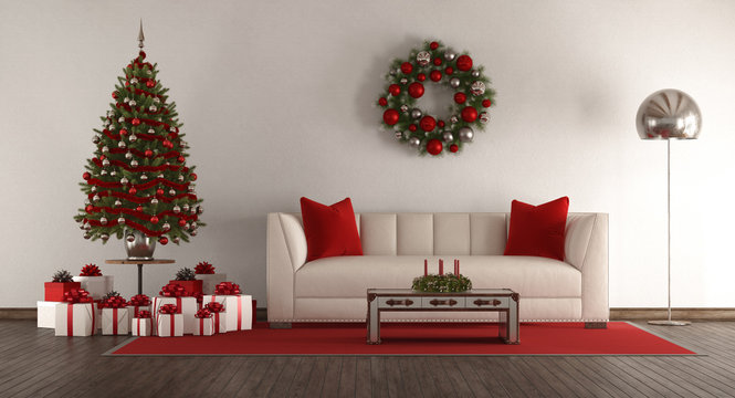 White living room with Christmas tree