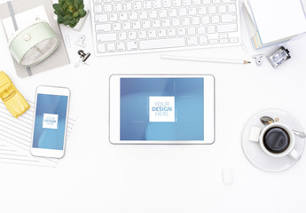 White Desk with Tablet and Smart Phone Mockup