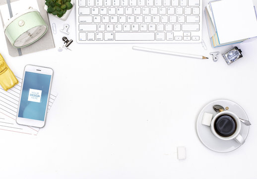 White Desk with Smart Phone Mockup