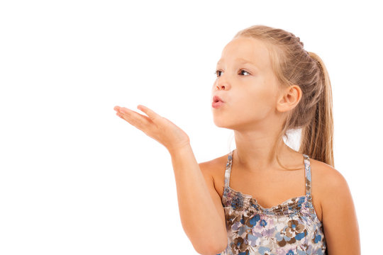 Blow kiss, young caucasian brunette woman