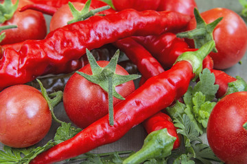 Pepper, cherry tomatoes and greens