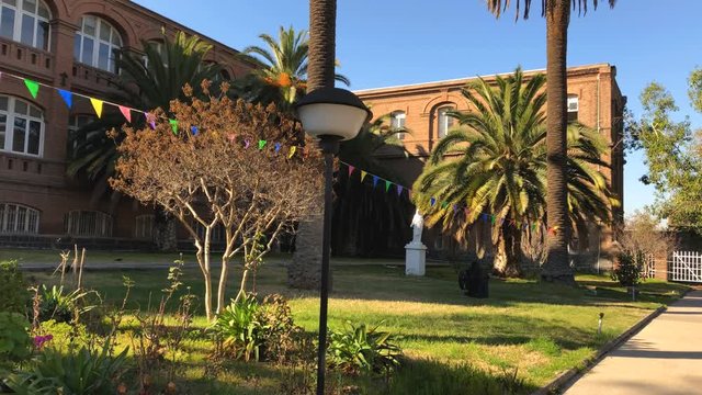 garden of the old Asylum of the Little Sisters of the Poor located in Santiago de Chile. Convent of Nuns built in 1898.